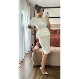 Vintage Jerell Size 9/10 White Peplum Pencil Bow Back Midi Dress